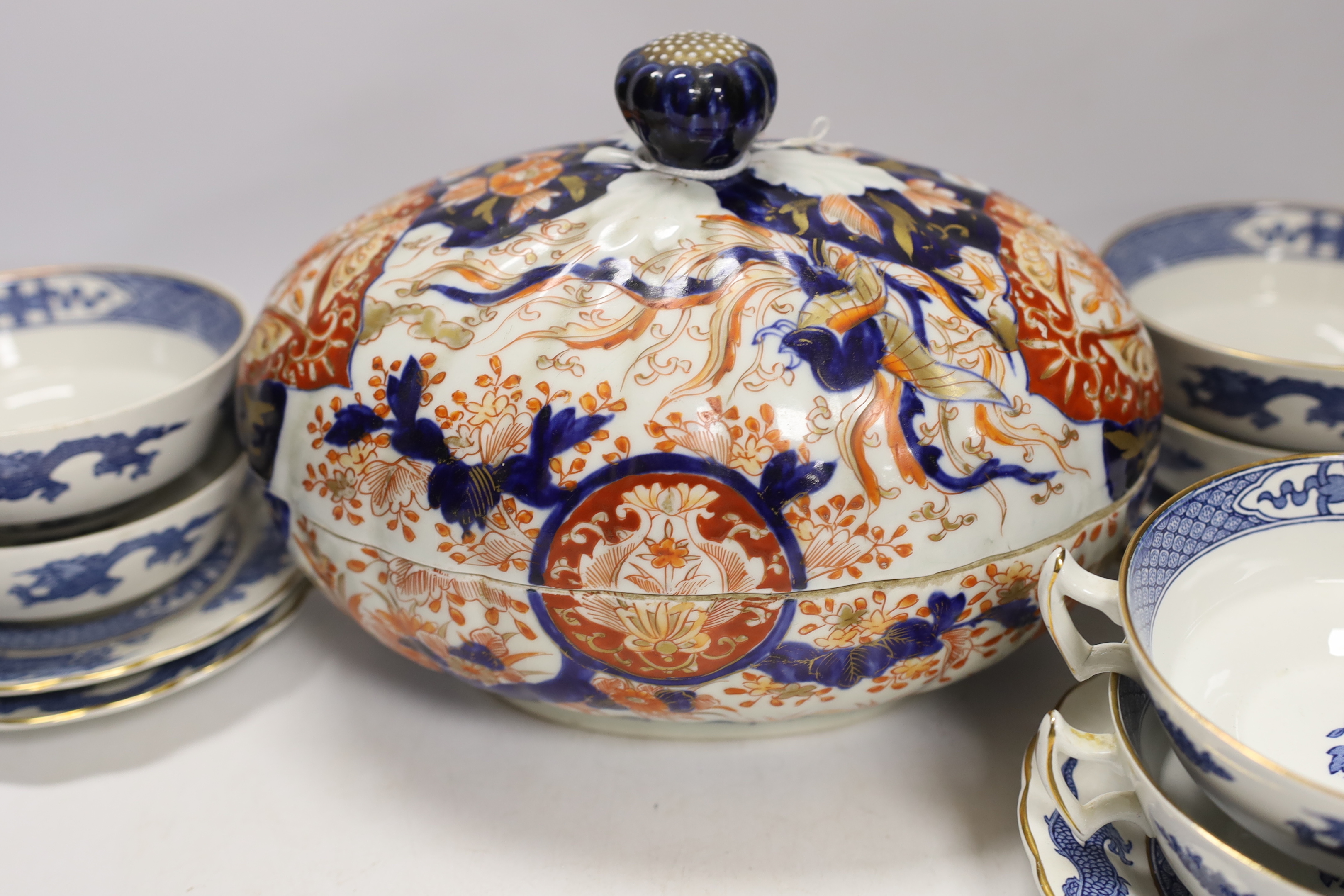 A 19th century Japanese Imari box and cover together with other Japanese, Chinese and European ceramics, largest 25cm